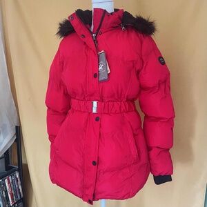 Red Puffer Bomber Jacket Coat with Faux Fur Hood - Belted Winter Jacket NWT M